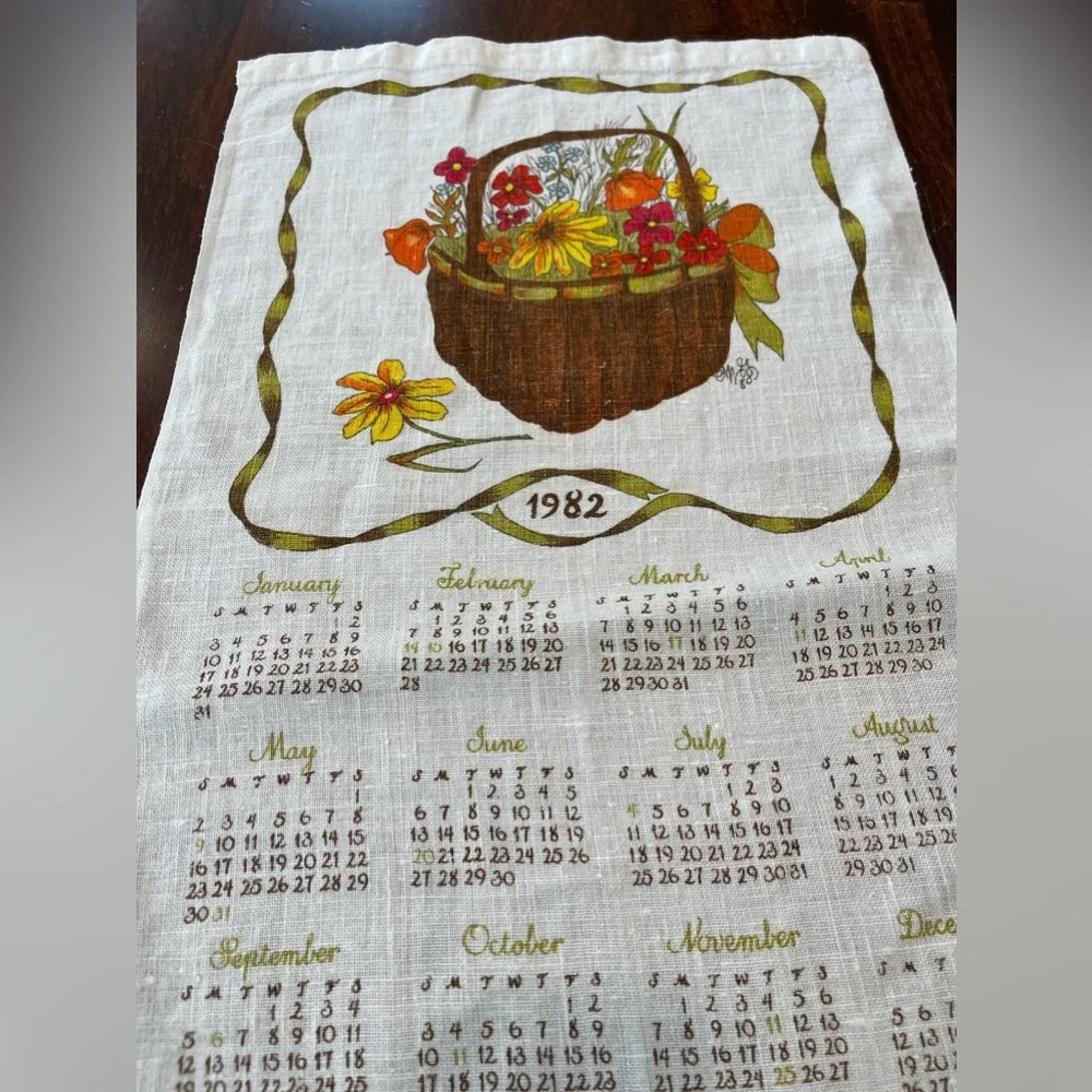 Vtg all pure‎ linen 1982 calendar tea towel wall hanging-kitchen-flower basket